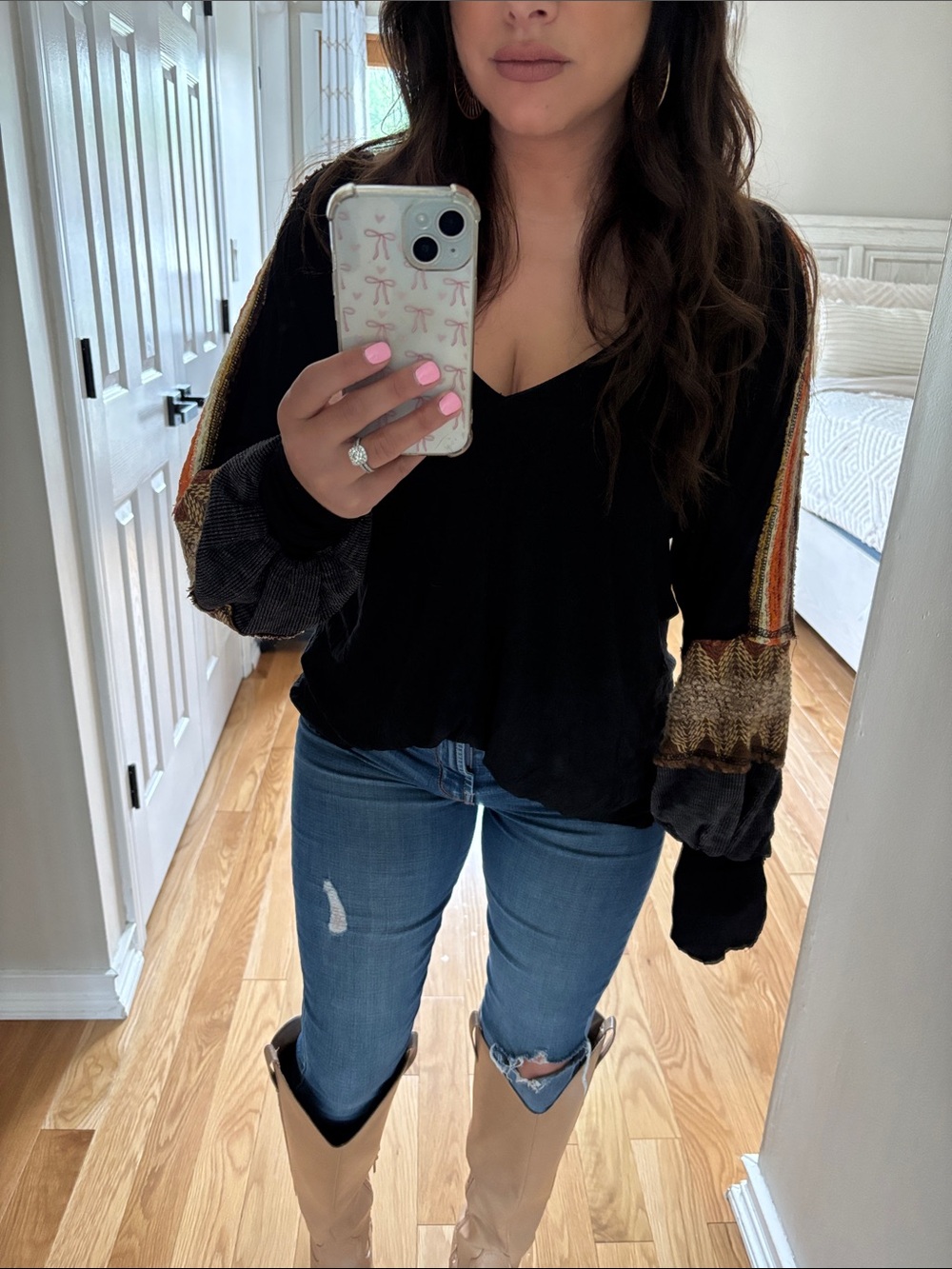 POL black patchwork balloon sleeve pullover